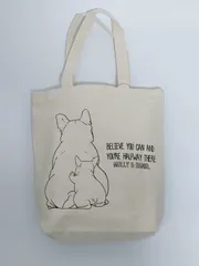 ファスナー付 アニマル 柄 トートバッグ 親子 ブルドッグ アイボリー ファスナー付 ポケット A4 キャンパス地 生成り サブバック ワンマイルバッグ 動物 センバドー