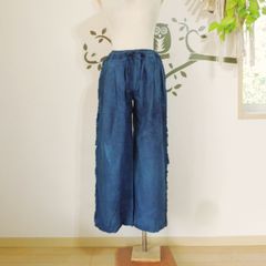 asana HEMP100% デニム風 フリンジ パンツ●草木染めインディゴ