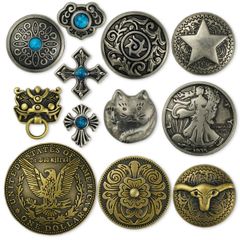 【数量限定】ねじ式 アンティーク シルバー 12個セット 金古美 15mm～38mm ターコイズ ボタン 唐草 クロス フラワー コンチョ レザークラフト 財布 手芸