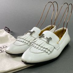1e12 HERMES エルメス ロワイヤル モカシン ローファー 37 1/2 ホワイト レザー 革靴 Hロゴ シューズ 保存袋付き