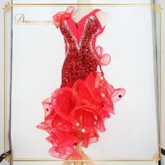 【美品 社交ダンス衣装】レッド fussis フーシーズ ラテン ドレス ワンピース 赤 フリル スパンコール 豪華 デモ 競技用 かわいい 綺麗 きれいめ レディース スカート ミニ 女性用 ダンス ダンスウェア キラキラ ゴージャス エレガント 袖なし