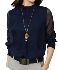 [Dep Club] このコスパでこの贅沢感 シアートップス シースルー トップス レディース 長袖 シャツ 襟 シフォン フリル 服 秋服 フォーマル シースルーシャツ ブラウス 秋 冬 秋冬 (M, ネイビー) [ネイビー] [M]