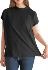 Sleeping Sheep(スリーピング シープ) スリーピングシープ モックネック フェミニンな印象 ゆったりシルエット フレンチスリーブ ラグラン 半袖Tシャツ コットン 綿100% カットソー(ブラック,  3XL)