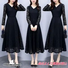 パーティードレス ブラックフォーマル ワンピース 大きいサイズ 3L 4L 5L 6L レディース 黒 ロングドレス 袖あり 長袖 総レース Vネック お呼ばれ 結婚式 二次会
