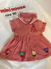 309ミキハウスmikihouse90size 刺繍チェックくま　セーラーワンピース