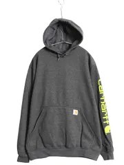 【お得なクーポン配布中!】 カーハート スウェット フード パーカー メンズ M / 古着 袖 プリント トレーナー 裏起毛 プルオーバー ワンポイント ミドルウェイト 濃灰