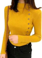 babester ベイブスター レディース リブ ニット セーター カットソー トップス ロング スリーブ シャツ フリーサイズ ニットソー ハイネック タートルネック コーヒー 茶色 シンプル 無地 タイト( イエロー,  Free Size)