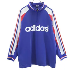 adidas アディダス 80s ヴィンテージ デサント製 トレフォイルロゴ 長袖 ハーフジップ スウェット M-L ブルー メンズ 古着