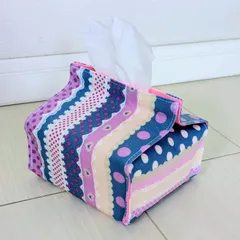 パープル系ハーフティッシュボックス/ハーフティッシュケースHandmadeレースボーダー柄/防水生地Handmade