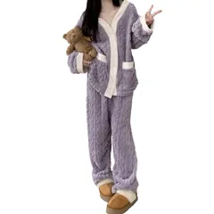 [GlamollaMisse] レディース パジャマ 上下セット Vネック ケーブル柄 フランネル トップス ボタン付き 長袖 ポケット付き 前開き ロングパンツ ウエストゴム もこもこ 暖かい 可愛い 体型カバー 部屋着 ルームウェア 春秋冬