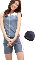 CHOOSEWAY レディース フィットネス水着 セパレート 女性用スポーツ水着 三角型と丸型ブラカップ付き スイミングキャップ付き( グレー,  M)