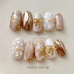 ネイルチップ No.60 ニュアンスネイル ぷっくりフラワーネイル 振袖 成人式 卒業式 結婚式 お呼ばれ ベージュネイル 淡色ネイル