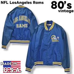 80s ヴィンテージ USA製 チョークライン Chalk Line NFL ロサンゼルス ラムズ プリント スタジアム ジャケット スタジャン ナイロン ラグランスリーブ M ブルー x イエロー ストリート アメカジ メンズ