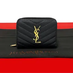 極 美品 SAINT LAURENT PARIS サンローランパリ YSL ロゴ 金具 レザー 本革 ラウンドジップ 二つ折り 財布 ミニ ウォレット ブラック 09378