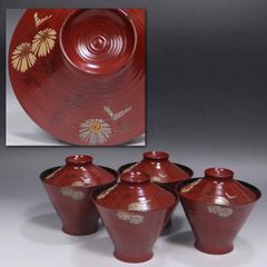 京都 象彦 造 群蝶蒔絵 朱刷毛目 小吸物椀 五客 共箱 美品(K-XA804