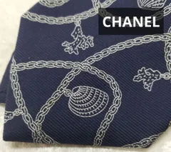 CHANEL（シャネル）ネクタイ チェーン＆シェルモチーフ ネイビー シルク100%《1021-02》