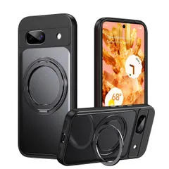 【人気商品】MagSafe対応 ケース リング付き 360°回転スタンド 半透明マット 8a 耐衝撃 カメラ保護 ワイヤレス充電対応 指紋防止 Pixel 黄ばみ防止 ストラップホール付 グーグルピクセル8a カバー Google (ブラック Pixel 8a