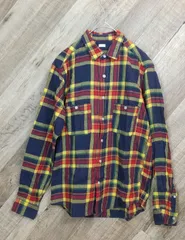 M1-01791 【Mens】GU(ジーユー) 長袖 ネルシャツ (S) /赤×黄×紺×緑 チェック柄 タグにシミ有 G