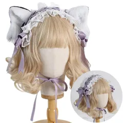 大人気　ねこ耳 レース ゴスロリ 蝶結び メイド 髪飾り 森ガール ヘアアクセサリー ヘッドアクセサリー リボン かわいい ハロウィン ロリータ パーティー カチューシャ イベント ネコ耳 学園祭 猫耳 文化祭 ヘッドドレス お茶会 [Ligwon] (パープ