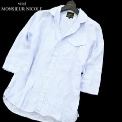 vital MONSIEUR NICOLE ムッシュ ニコル 春夏 5分袖 麻100%★ フラップP ストライプ リネン シャツ Sz.46　メンズ