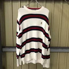 308 Tommy Hilfiger コットンニット L ホワイト/レッド/ネイビー トミーヒルフィガー ニット セーター 刺繍ロゴ 古着卸 アメリカ仕入