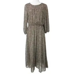 ロッソ ROSSO アーバンリサーチ シアードットギャザーワンピース ロング 7分袖 フロッキープリント 水玉 茶 ブラウン F