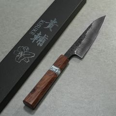 【間中刃物鍛錬所】ペティナイフ 120mm 貴輔 青紙2号 ステンレス自社鍛接 鎚目黒打 ローズウッドターコイズリング 送料無料 ギフトラッピング対応 KI109