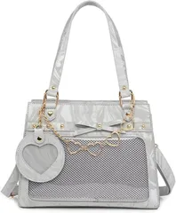 HARGIO(ハルジオ) 痛バッグ ショルダー トート マーブル柄 かわいい ミニ 推し活バッグ 小さめ トートバッグ ショルダーバッグ 2WAY 痛バック 可愛い いたばっく ぬいぐるみ 鞄 リボン 人気 おしゃれ(シルバー)