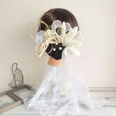 髪飾り ドライフラワー＊結婚式 成人式 卒業式 和装 打掛 振袖 袴~リボン ロープ チュール パール 水引~ホワイト 白 7本