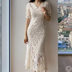 レースワンピース レディース レース Vネック 夏 杏色 ブラック ロング丈 半袖 綺麗 ワンピ 高級感 上品 ファッション パーティー デート フレア LYqb679