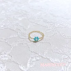 ワンポイントフラワービーズリング／アクア(NO.355)