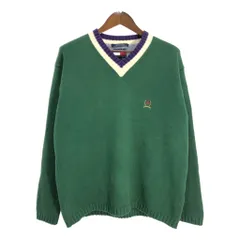 90年代 TOMMY HILFIGER トミーヒルフィガー Vネック コットン ニット セーター ワンポイントロゴ グリーン (メンズ M) 中古 古着 T0740