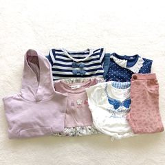 【コーデ売り】トップバリュ　ハッシュアッシュ　スラップスリップ　マザーウェイズ　クロッシーベイビー　キッズ　チュニック　ワンピース　パーカー　半袖Tシャツ　長袖シャツ　ピンク　白　水色　紫　ライトブルー　パープル　水玉模様　ボーダー　良　セット売り　まとめ売り