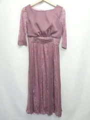 ◇ ⊂ PourVous レース 切替 プリーツ 六分袖 膝下丈 パーティードレス ワンピース サイズM パープル レディース E  【1507010012072】