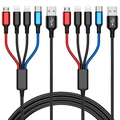 マルチ充電ケーブル 4イン1 マルチ充電ケーブル [2パック-4フィート] ナイロン編組 マルチUSB充電ケーブル 高速電話充電ケーブル マルチUSBケーブル デュアルIP/Type C/Micro USBポート付き ほとんどの携帯電話/タブレット