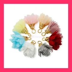 【スタッフおすすめ！】フラワー タッセル チャーム ミニ フリンジ オーガンジー 18mm 花形 8色32個 カン付き ピアス イヤリング パーツ