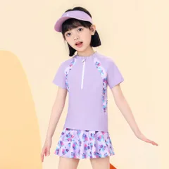 ☆ パープル ☆ Lサイズ ☆ キッズ水着 naksw3684 子供 水着 女の子 ジュニア セパレート 半袖 スカート 上下 水泳着 速乾性 日焼け防止 キッズ ガールズ 女子 おしゃれ オシャレ スイムウェア かわいい 可愛い 水遊び 夏 小学生 中学生