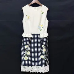 #snc チェスティ Chesty ワンピース 0 白 濃紺 ノースリーブ チェック 刺繍 花柄 レース フリル レディース [902985]
