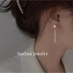 SS187 2way 揺れるCZダイヤ×天然淡水パール ピアス  韓国   上品