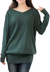 Sakoiyu(サコイユ) ゆったり 綿100% ニット ワイド リブ プルオーバー セーター Vネック レディース( ダークグリーン,  M-L)