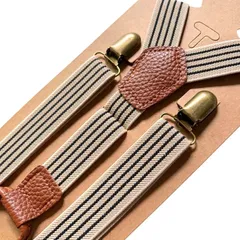 サスペンダー メンズ  おしゃれ スーツ おすすめ 結婚式にもおすすめ 25mm幅 調節可能 カジュアル ベージュブラックストライプ高級感 フェイクレザー