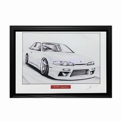 日産 NISSAN シルビア S14 前期 【鉛筆画】名車 旧車 オールドカー ノスタルジックカー イラスト 絵画 デッサン 絵　A4サイズ   額付き 作者直筆サイン入り 車好き 男性 向け バースデー  定年退職祝い ギフト プレゼント に