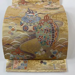 【美品】 袋帯 秀品 関西仕立て お仕覆 向かい鳥 箔 金糸 ベージュ 六通 正絹 【中古】