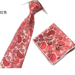 ネクタイ　ポケットチーフ　カフスボタン　3点セット ペイズリー柄　結婚式 パーティー イベント ダンスパーティー シルバー　銀 レッド　赤 スーツ ワイシャツ 格安 小物 3点 セット
