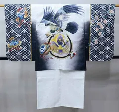 七五三 五歳 男児 羽織・着物・襦袢3点セット L寸 金刺繍 豪華絢爛 綸子地 白地×黒 鷹 お仕立て無料 祝着 NO38716-2