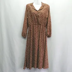 ◇ ⊇ natural couture 花柄 ウエストゴム 長袖 ロング丈 ワンピース サイズF ブラウン マルチカラー レディース E  【1410100015832】