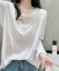  シアートップス重ね着クルーネックTシャツ 着やせ長袖トップス 軽やか無地ロンt黒 肌見せ カットソー