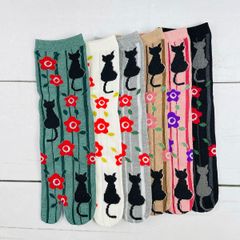 桑メリヤス 足袋屋 花と猫 ストライプ柄 足袋型 婦人クルーソックス 22-25cm KW415