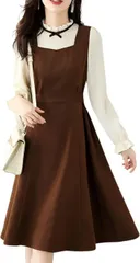 Four leaf 姫系xかわいい レース 切り替え ドッキングワンピース レディース ドレス 長袖 Aライン フリル パフスリープ 膝丈 バイカラー ハイウエスト コーデュロイ(ブラウン,  L)