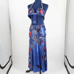 【ベリーダンス用 オリエンタル衣装】ブルー スパンコールラメ ビーズ 光沢 青 赤 ブラトップ スカート アクセサリー 爽やか